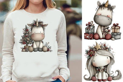 Christmas Unicorn Watercolor Clipart PNG Bundle