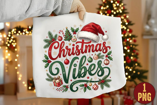 Christmas Vibes PNG, Christmas Holiday Sublimation Design, Santa Hat Christmas Clipart
