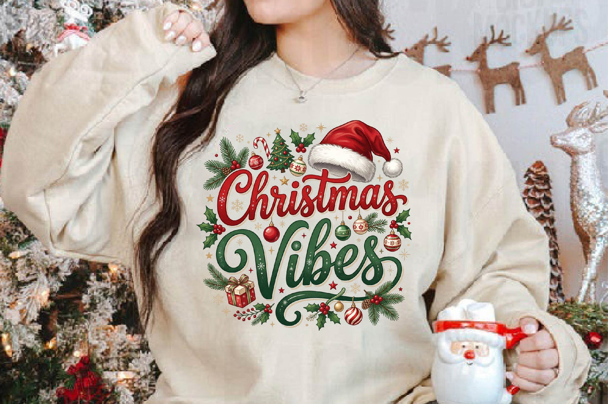 Christmas Vibes PNG, Christmas Holiday Sublimation Design, Santa Hat Christmas Clipart