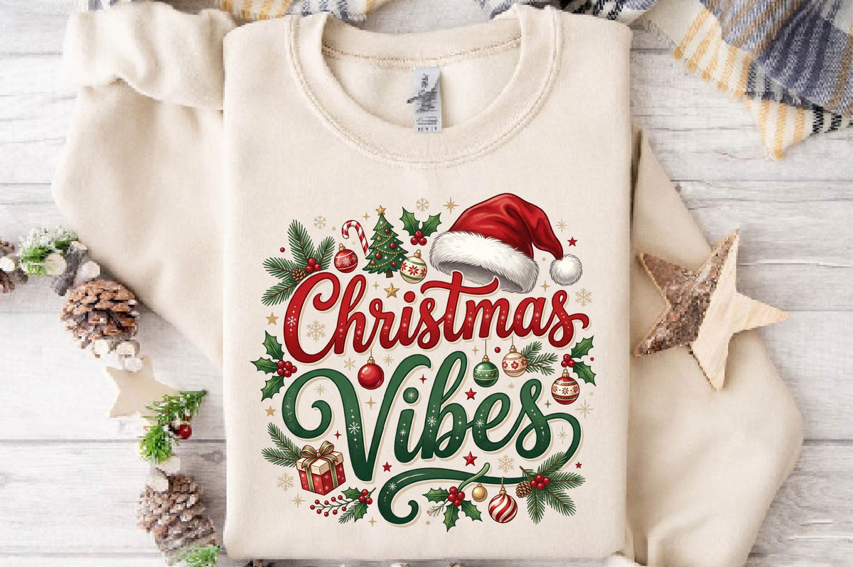 Christmas Vibes PNG, Christmas Holiday Sublimation Design, Santa Hat Christmas Clipart