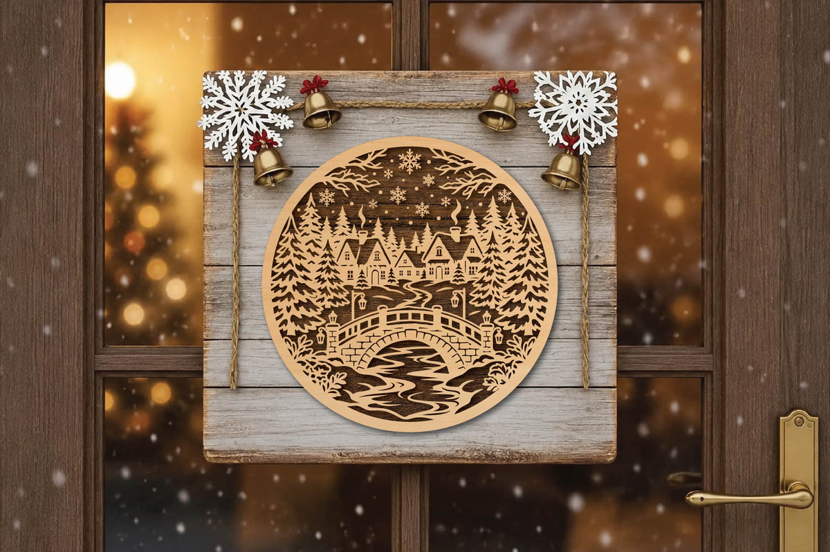 Christmas Village Bridge Laser Cut SVG, Winter Village Christmas Ornament Cut File, Rustic Holiday SVG