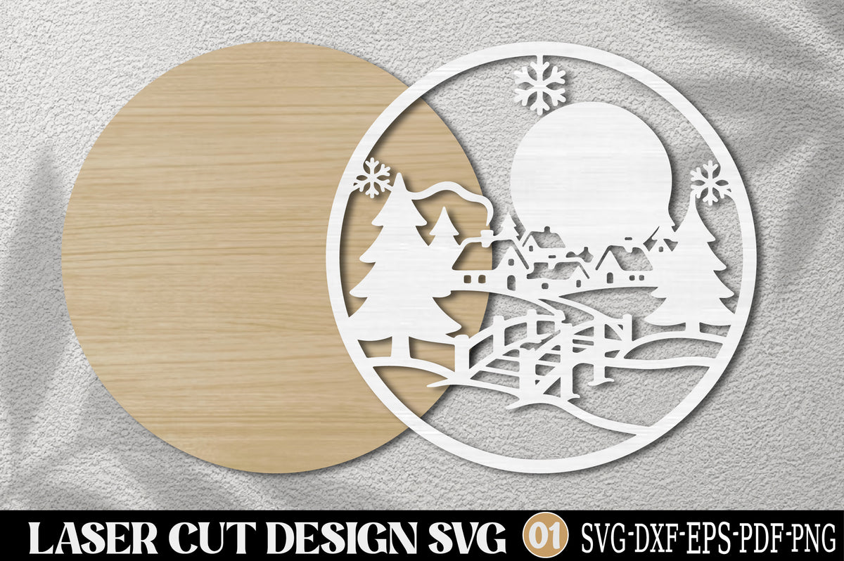 Christmas Village Landscape Ornament SVG | Winter Village Laser Cut Design