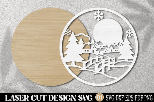 Christmas Village Landscape Ornament SVG | Winter Village Laser Cut Design