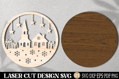 Christmas Village Ornament SVG Laser Cut | Winter Village Christmas Ornament Design