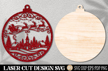 Christmas Village Ornament SVG Laser Cut | Santa Sleigh Winter Christmas Design