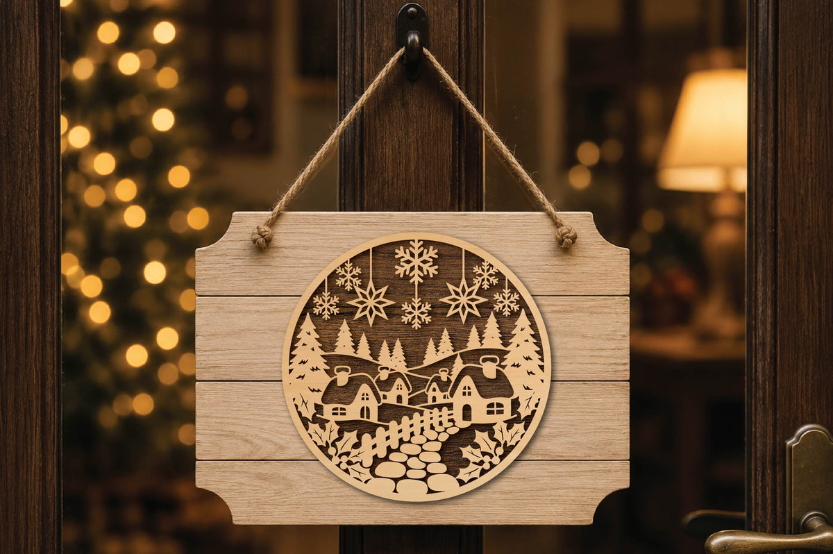 Christmas Village Laser Cut SVG, Winter Village Snowflake Christmas Ornament Cut File