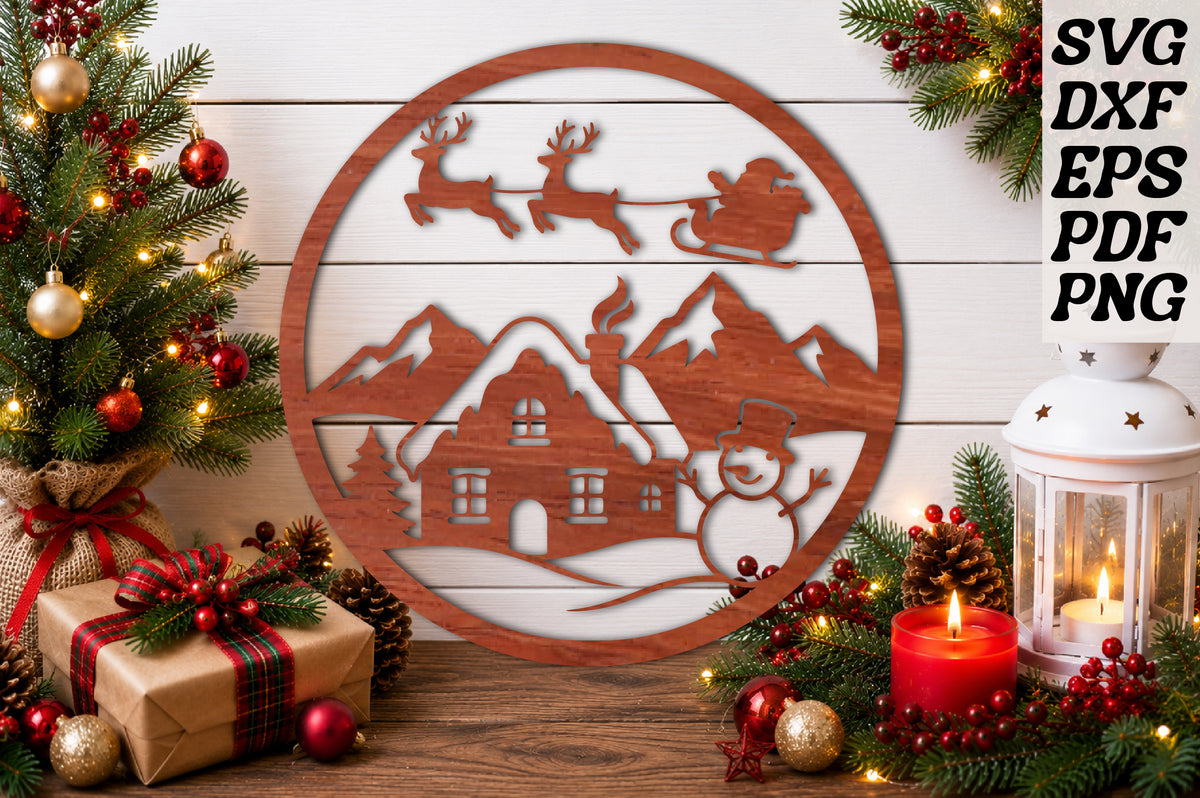 Christmas Village Snowman Santa Sleigh Ornament SVG