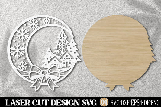Christmas Village Wreath SVG Laser Cut | Winter Christmas Ornament Design