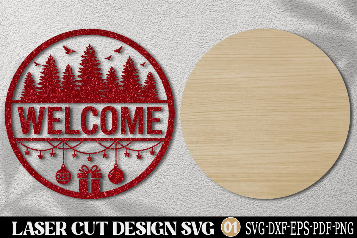 Christmas Welcome Sign SVG Laser Cut | Christmas Tree Ornament Holiday Door Sign