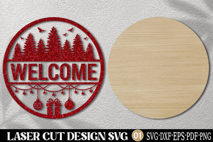 Christmas Welcome Sign SVG Laser Cut | Christmas Tree Ornament Holiday Door Sign