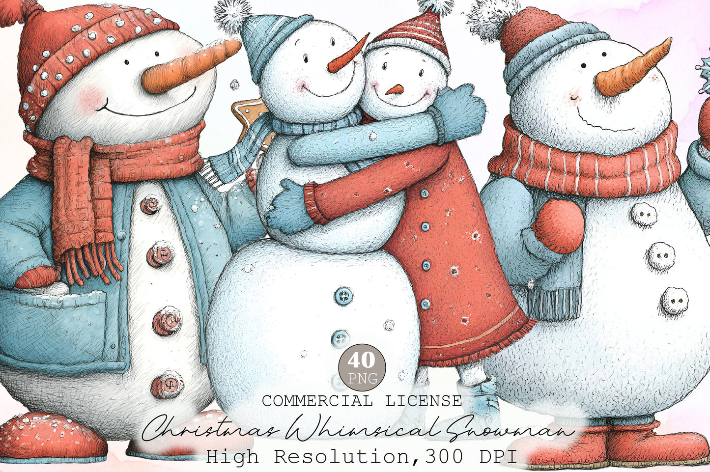 Christmas Whimsical Snowman Clipart PNG Bundle Commercial Use