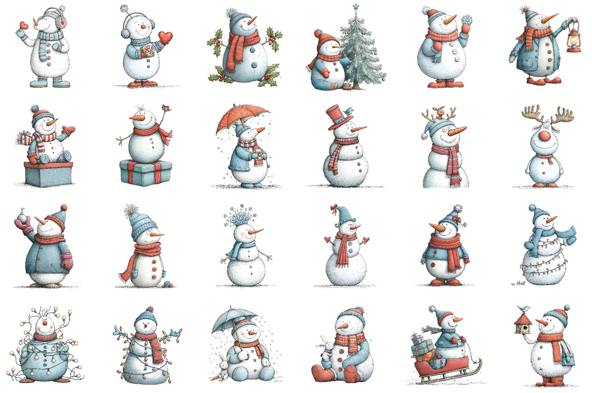 Christmas Whimsical Snowman Clipart PNG Bundle Commercial Use