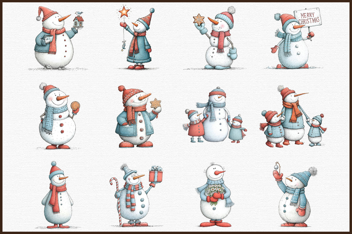 Christmas Whimsical Snowman Clipart PNG Bundle Commercial Use