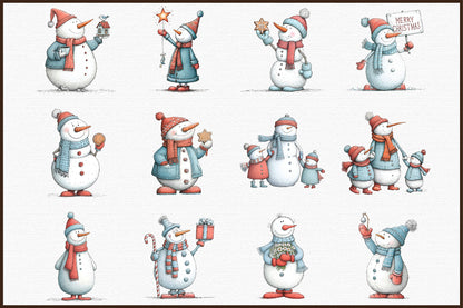 Christmas Whimsical Snowman Clipart PNG Bundle Commercial Use