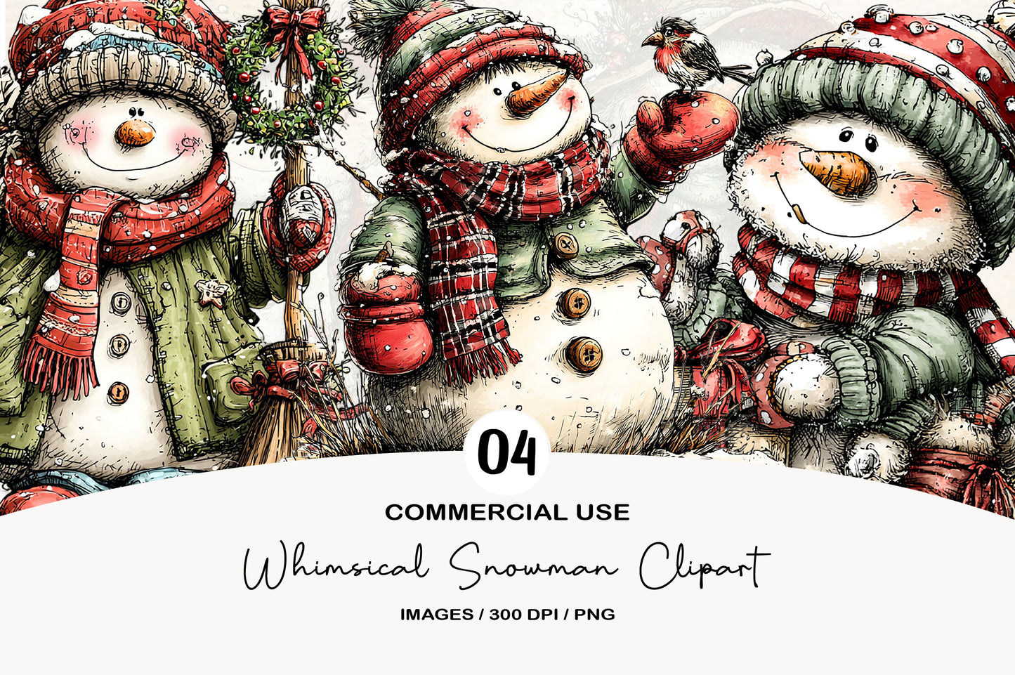 Christmas Whimsical Snowman Clipart PNG Bundle | Cute Watercolor Holiday Snowman Clipart