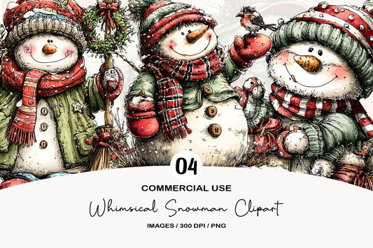 Christmas Whimsical Snowman Clipart PNG Bundle | Cute Watercolor Holiday Snowman Clipart