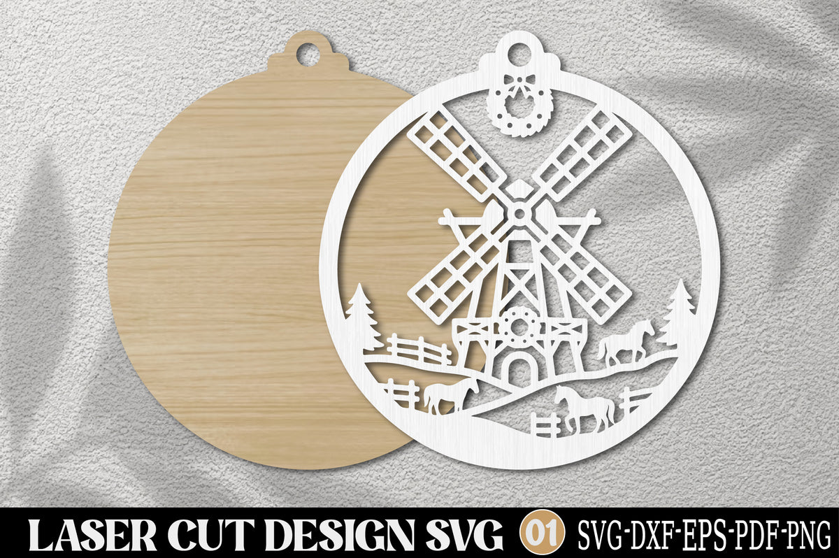Christmas Windmill Farm Ornament SVG | Winter Farmhouse Laser Cut Design