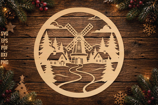 Christmas Windmill Village Laser Cut SVG, Winter Village Ornament Cut File, Holiday Decor