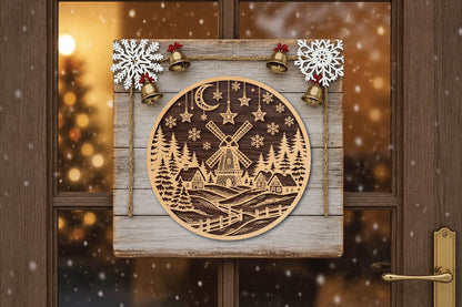 Christmas Windmill Village Laser Cut SVG, Winter Windmill Christmas Ornament Cut File, Holiday Village SVG