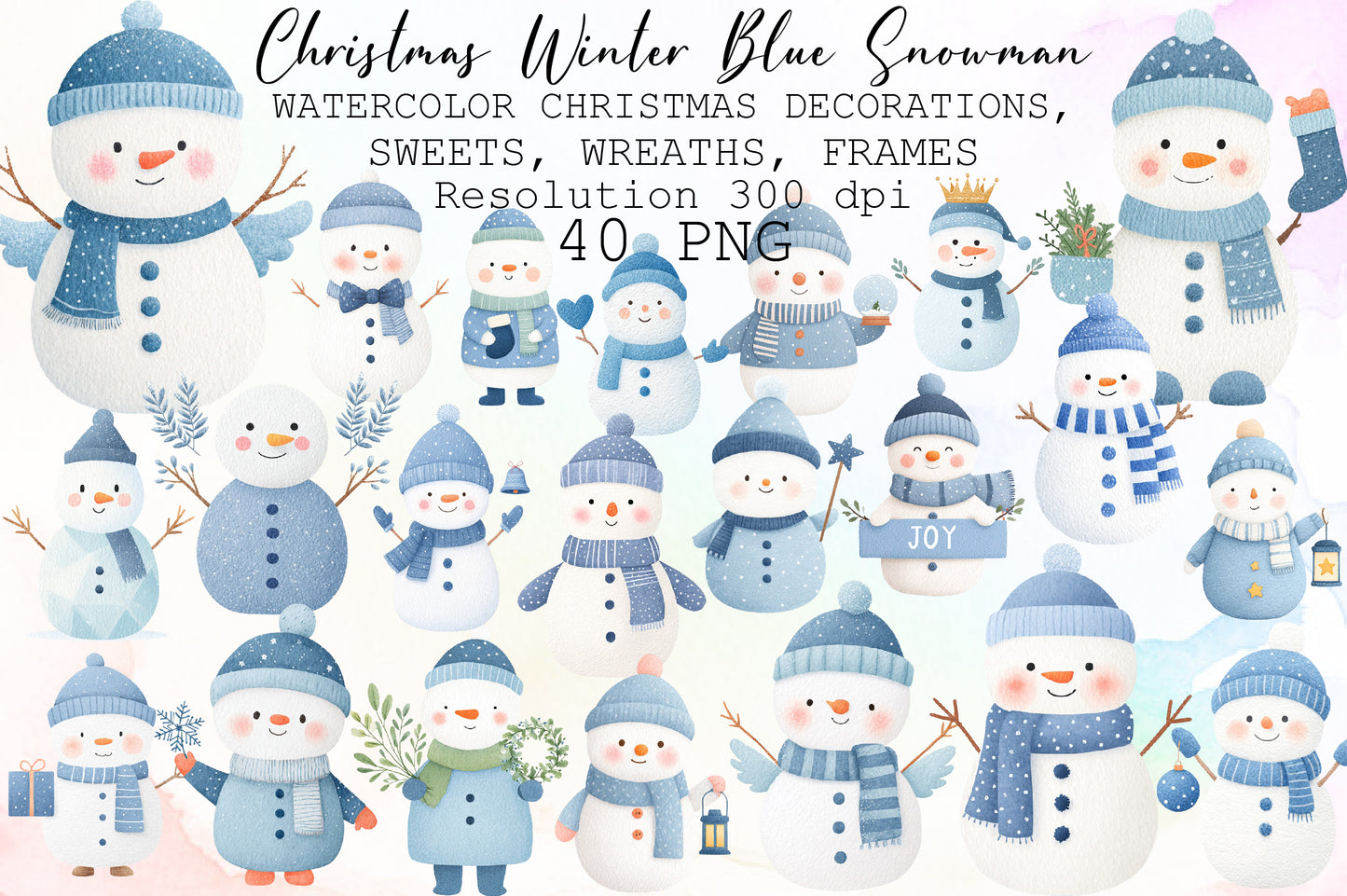 Christmas Winter Blue Snowman Clipart PNG Bundle