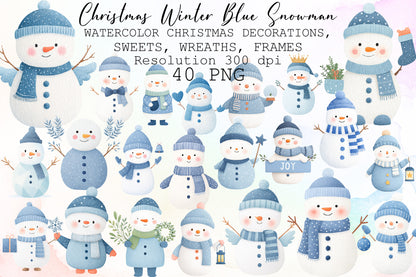 Christmas Winter Blue Snowman Clipart PNG Bundle