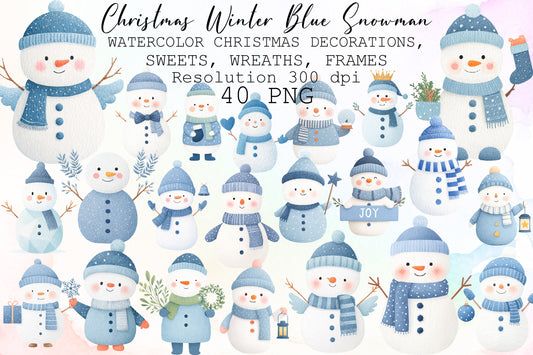 Christmas Winter Blue Snowman Clipart PNG Bundle