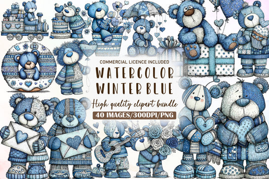 Christmas Winter Blue Teddy Bear Clipart PNG Bundle