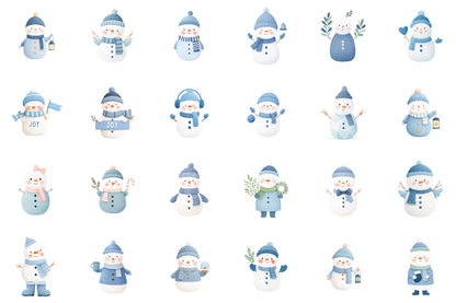 Christmas Winter Blue Snowman Clipart PNG Bundle