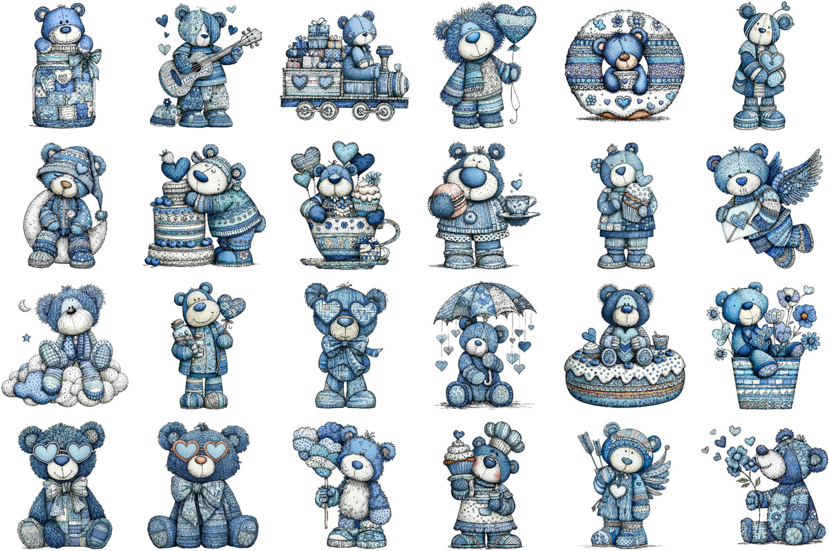 Christmas Winter Blue Teddy Bear Clipart PNG Bundle
