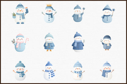 Christmas Winter Blue Snowman Clipart PNG Bundle