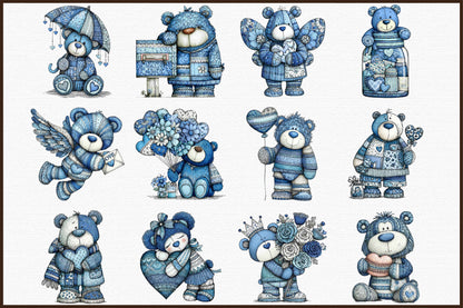 Christmas Winter Blue Teddy Bear Clipart PNG Bundle
