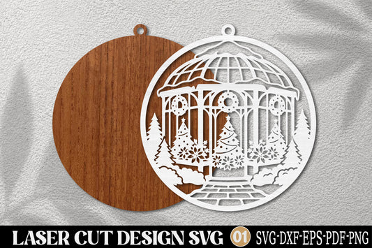 Christmas Winter Conservatory Ornament SVG | Snowy Greenhouse Laser Cut