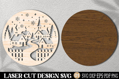 Christmas Winter Village SVG Laser Cut | Snowy Christmas Village Ornament Design
