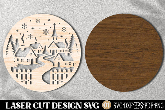 Christmas Winter Village SVG Laser Cut | Snowy Christmas Village Ornament Design