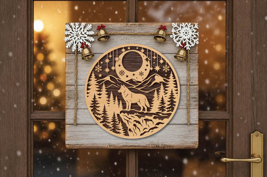 Christmas Wolf Mountain Laser Cut SVG, Winter Wolf Forest Christmas Ornament Cut File