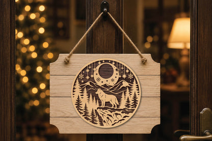 Christmas Wolf Mountain Laser Cut SVG, Winter Wolf Forest Christmas Ornament Cut File