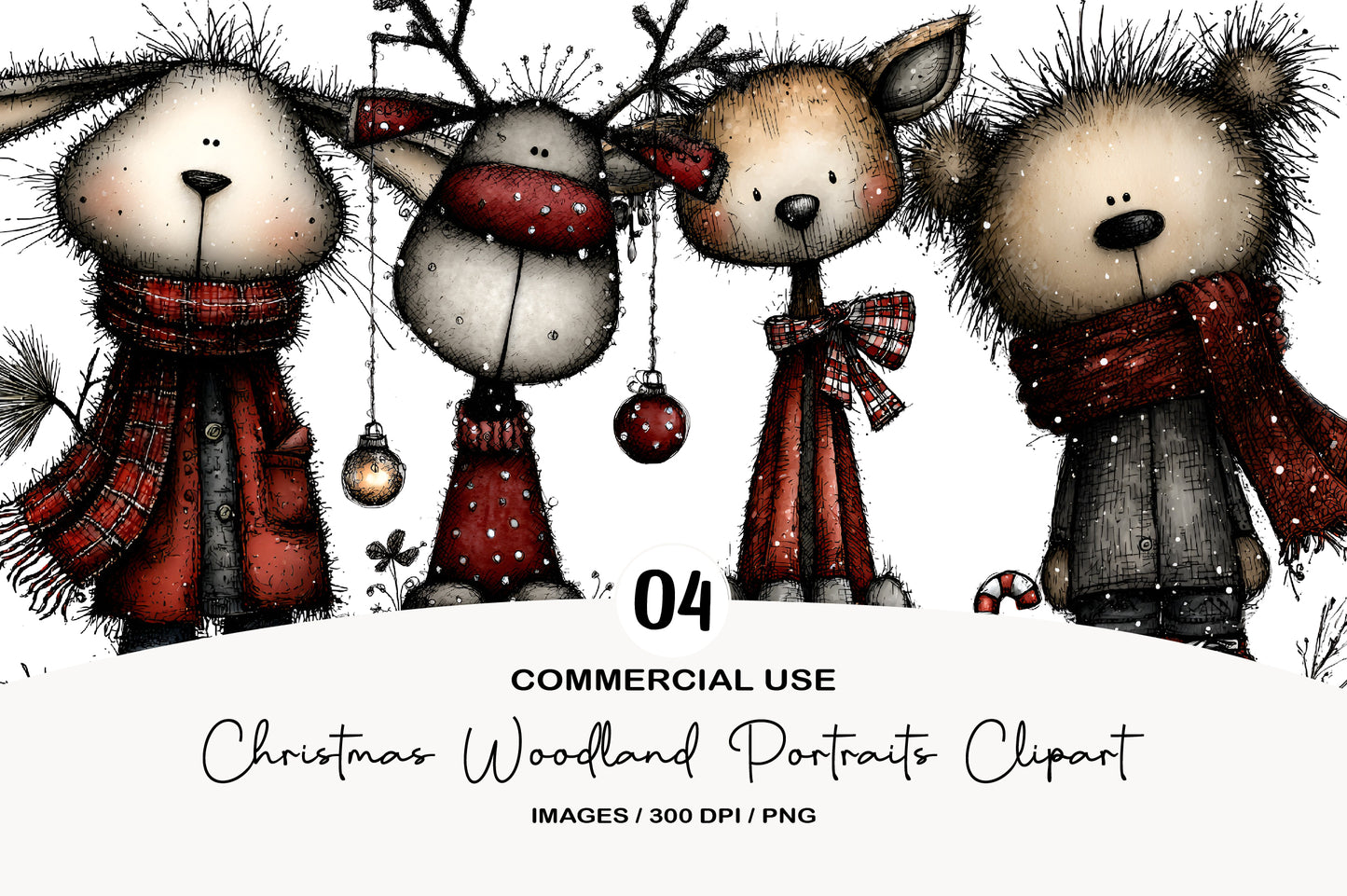 Christmas Woodland Portraits Clipart PNG Bundle | Cute Watercolor Woodland Animal Portraits | Festive Holiday PNG