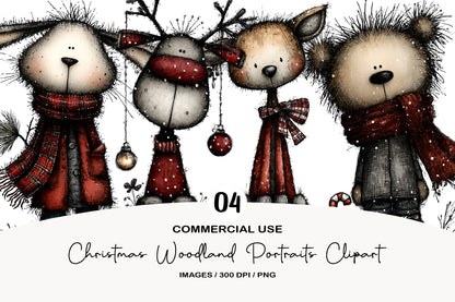 Christmas Woodland Portraits Clipart PNG Bundle | Cute Watercolor Woodland Animal Portraits | Festive Holiday PNG