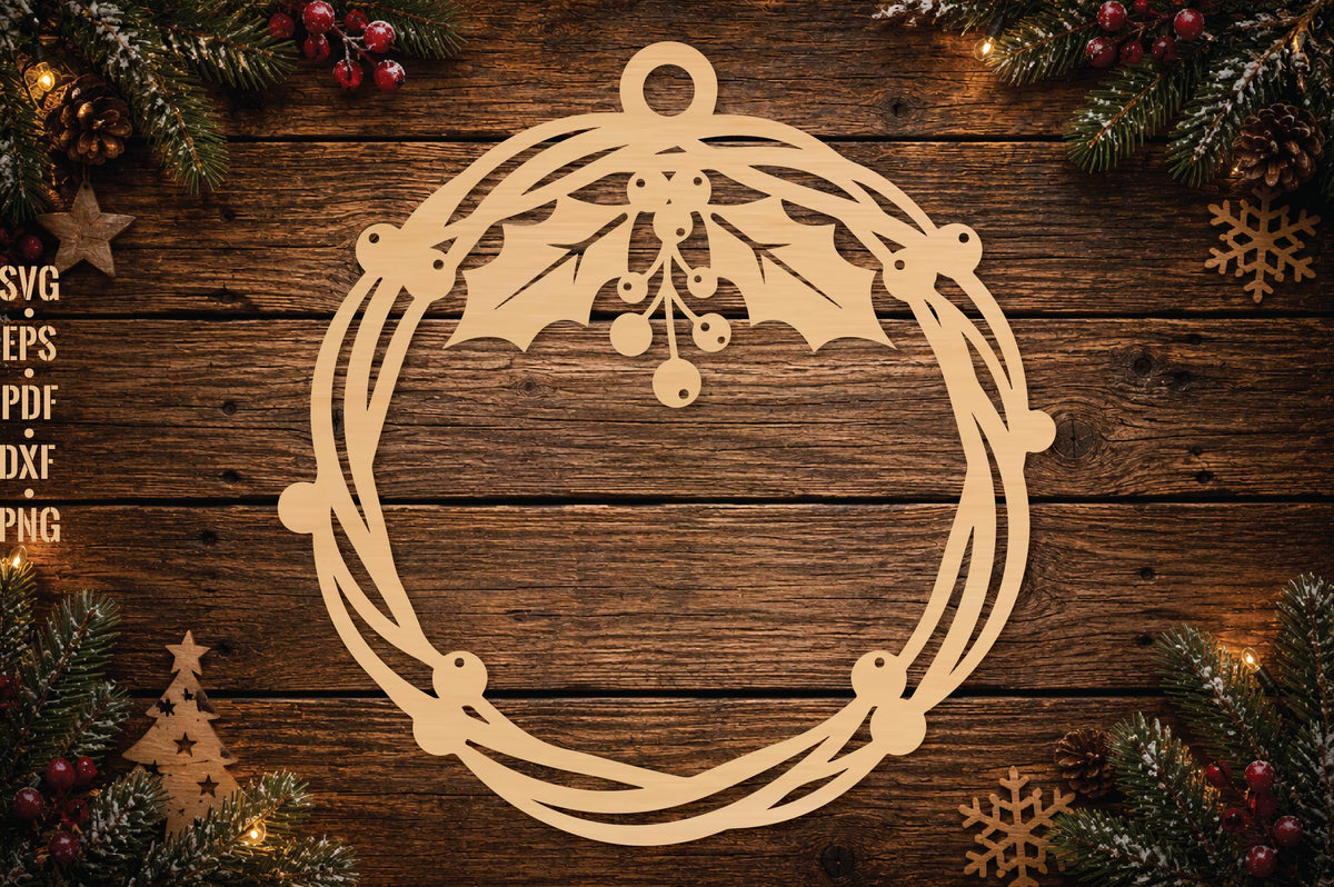 Christmas Wreath Ornament Laser Cut SVG, Holly Berry Wreath Christmas Cut File, Holiday Decor