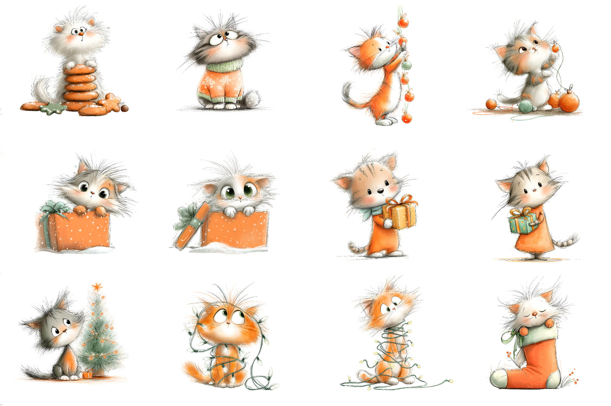 Christmas Cat Clipart PNG Cute Kittens Holiday Sublimation