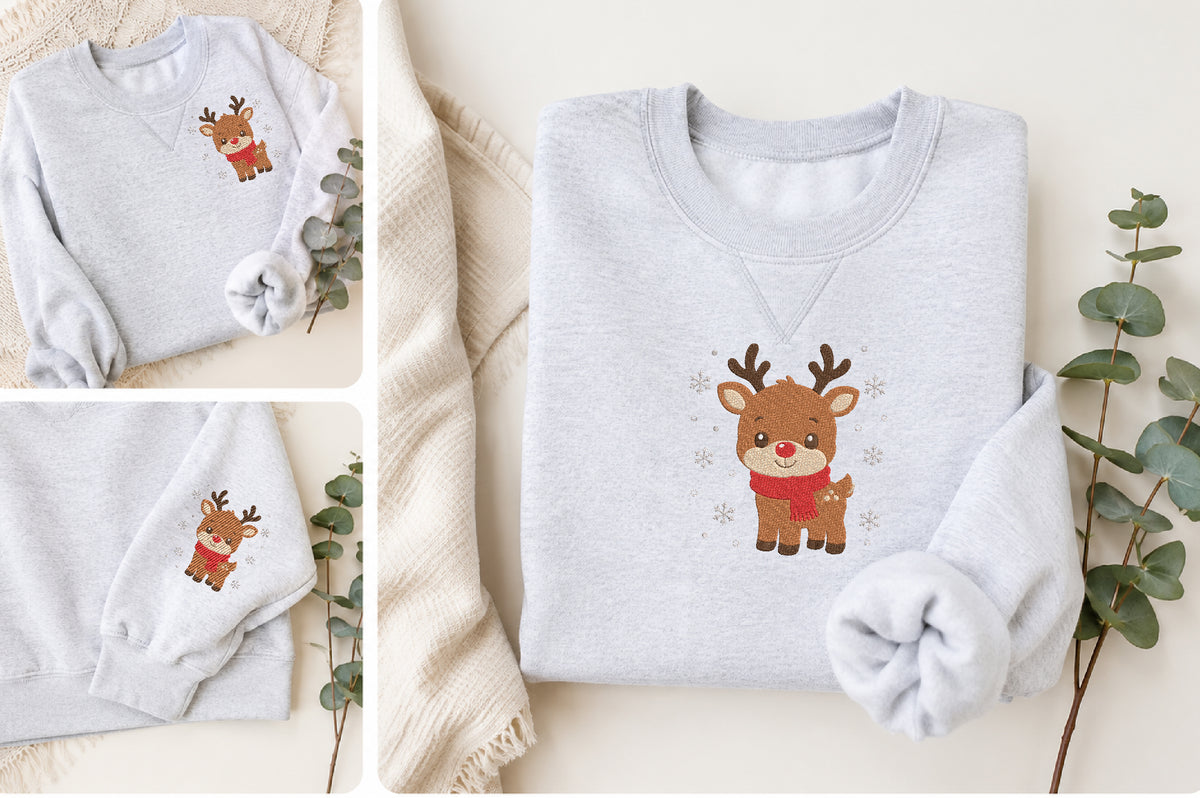 Christmas Deer Embroidery Design – Cute Christmas Deer Machine Embroidery Pattern, Festive Holiday & Winter Embroidery Design