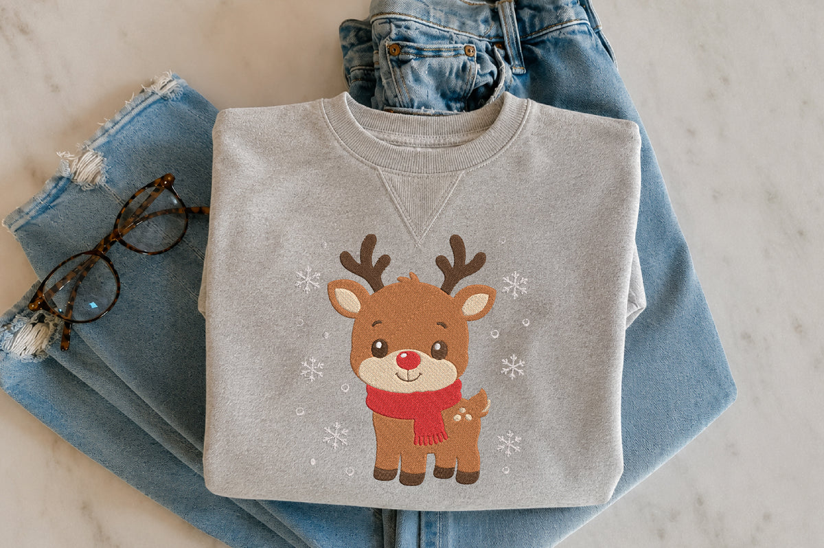 Christmas Deer Embroidery Design – Cute Christmas Deer Machine Embroidery Pattern, Festive Holiday & Winter Embroidery Design