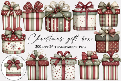Christmas Gift Box PNG Vintage Holiday Present Box Clipart Sublimation