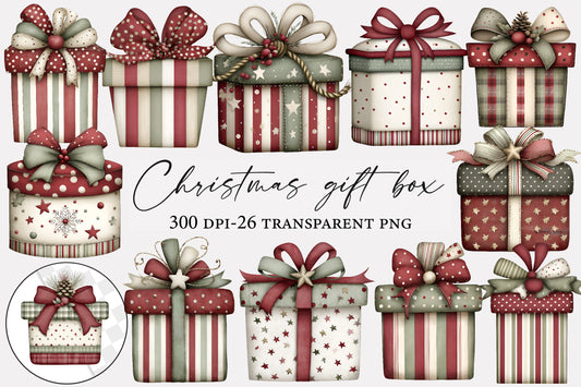 Christmas Gift Box PNG Vintage Holiday Present Box Clipart Sublimation