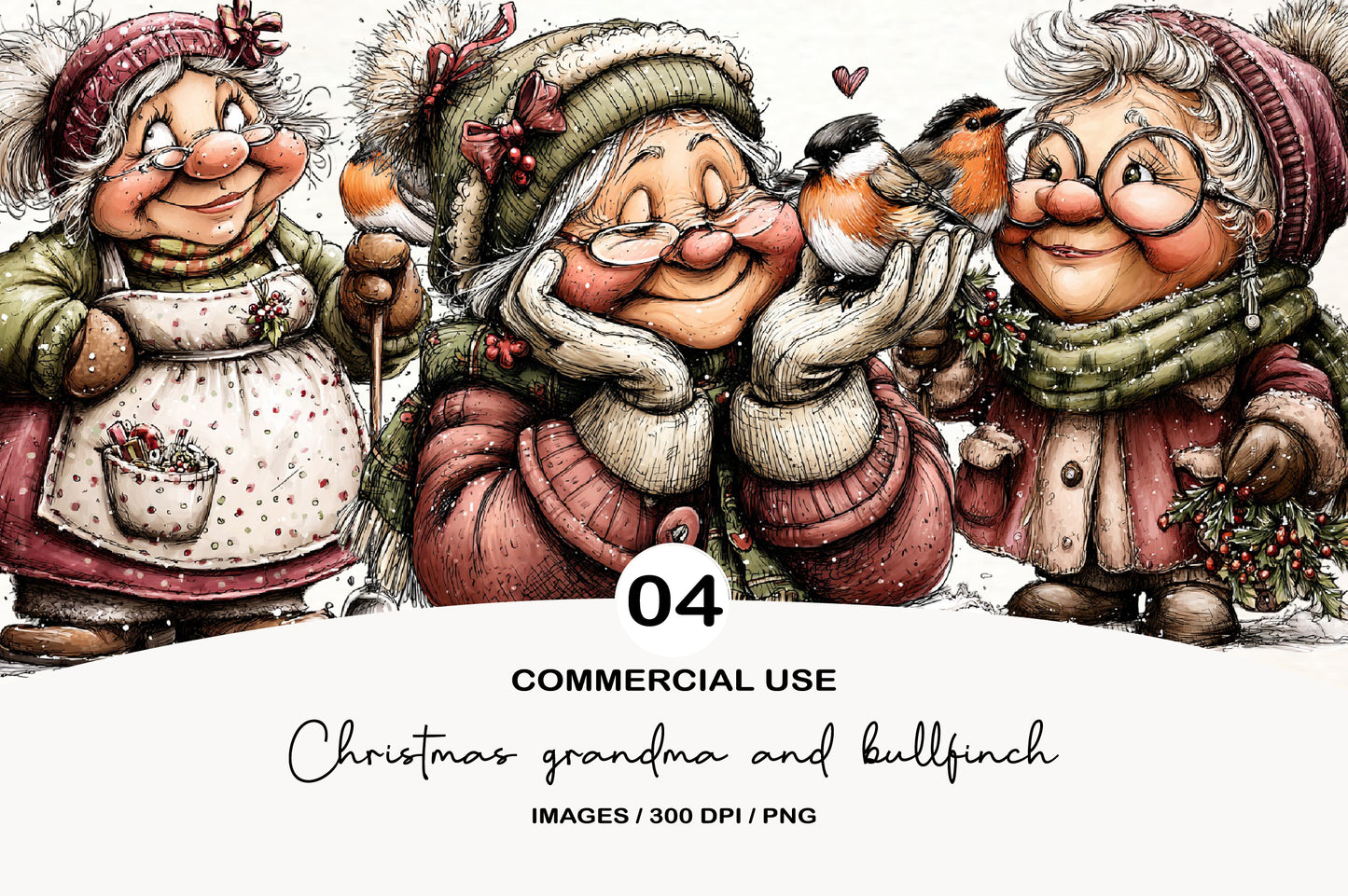 Christmas Grandma and Bullfinch Clipart PNG Bundle | Cute Watercolor Holiday Grandma Clipart | Winter Bullfinch PNG
