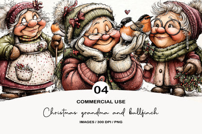 Christmas Grandma and Bullfinch Clipart PNG Bundle | Cute Watercolor Holiday Grandma Clipart | Winter Bullfinch PNG