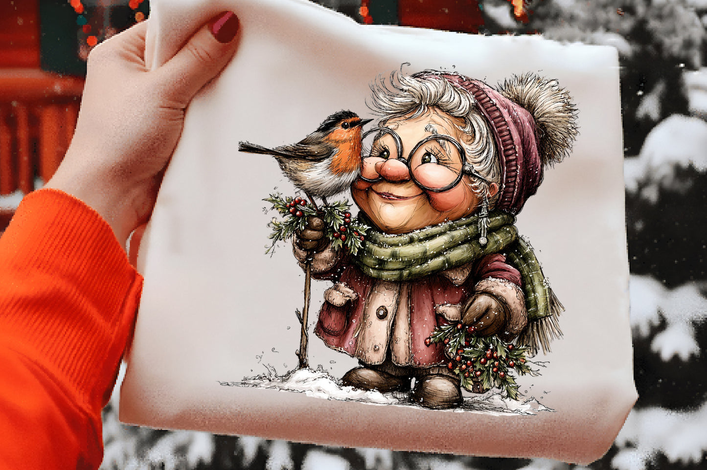 Christmas Grandma and Bullfinch Clipart PNG Bundle | Cute Watercolor Holiday Grandma Clipart | Winter Bullfinch PNG
