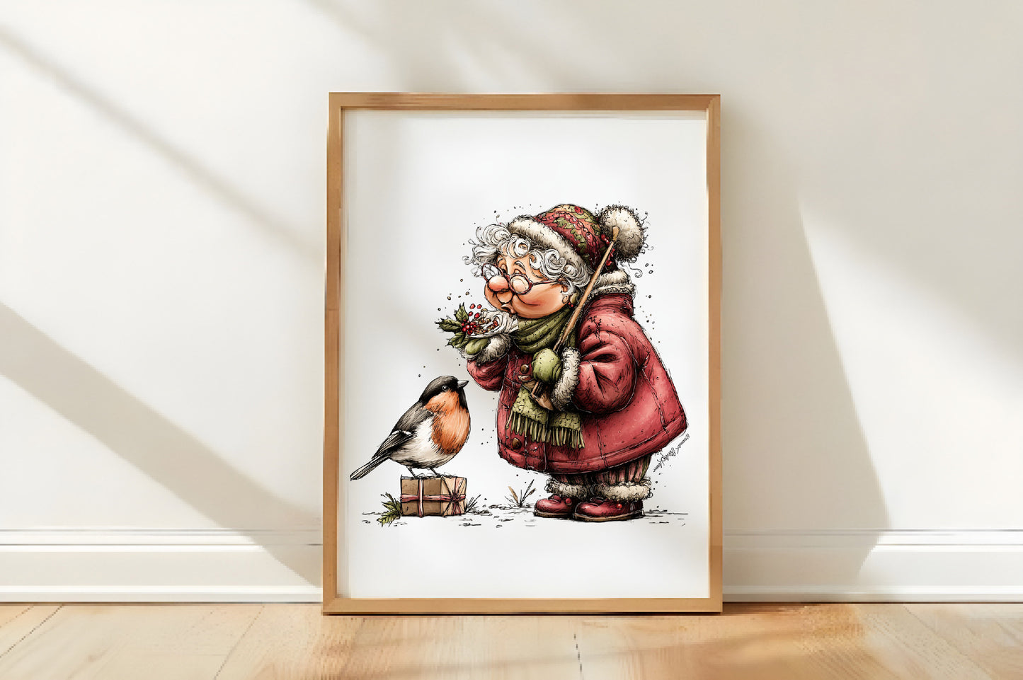 Christmas Grandma and Bullfinch Clipart PNG Bundle | Cute Watercolor Holiday Grandma Clipart | Winter Bullfinch PNG