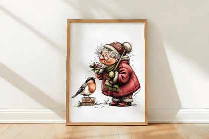 Christmas Grandma and Bullfinch Clipart PNG Bundle | Cute Watercolor Holiday Grandma Clipart | Winter Bullfinch PNG