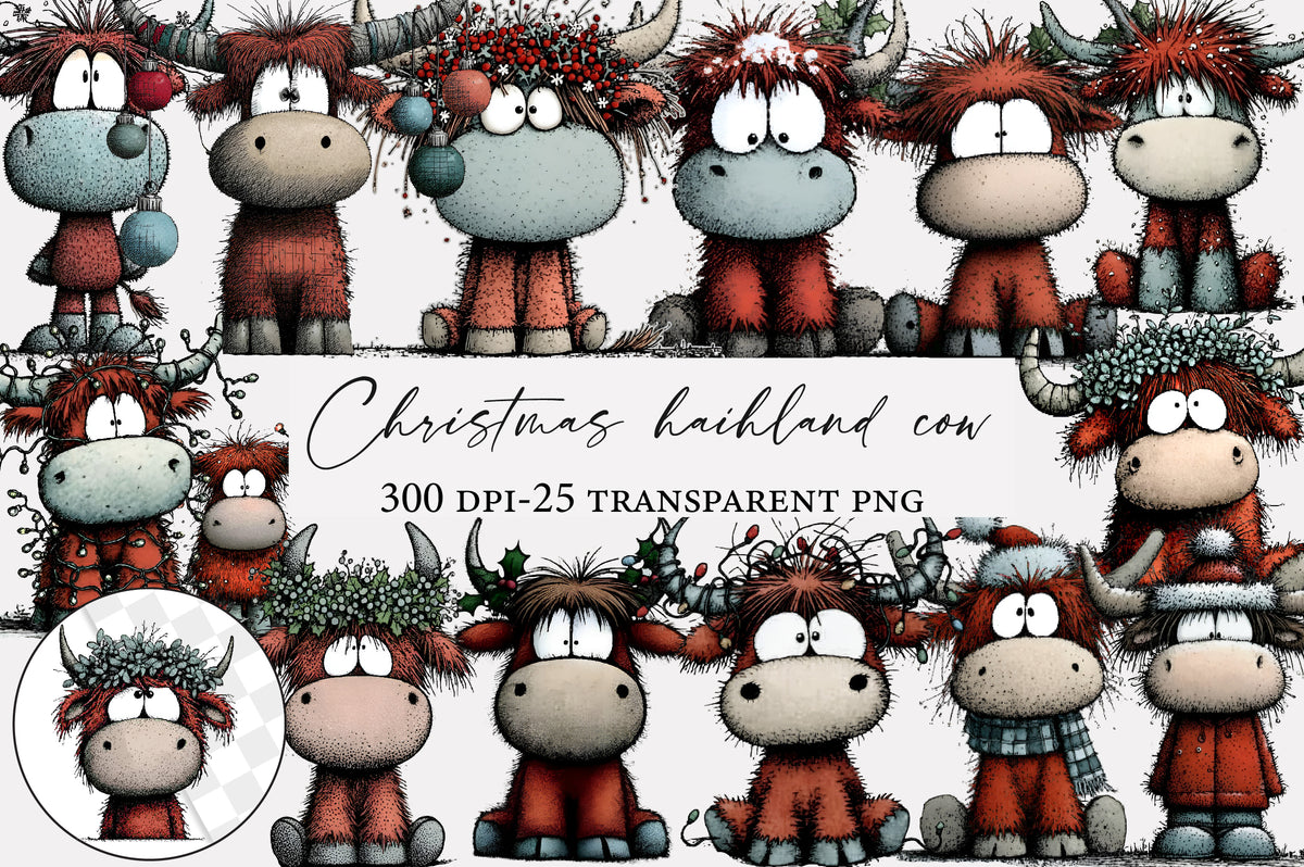 Christmas Highland Cow PNG Festive Cow Clipart Sublimation
